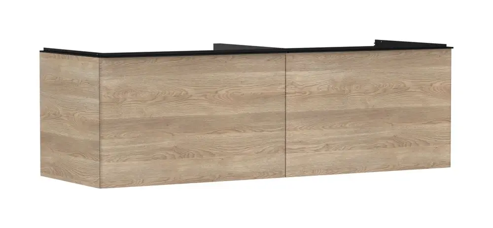 Waschtischunterschrank von Hansgrohe in Holzoptik mit zwei Schubkästen und schwarzem Oberteil, geeignet für einen Aufsatzwaschtisch.